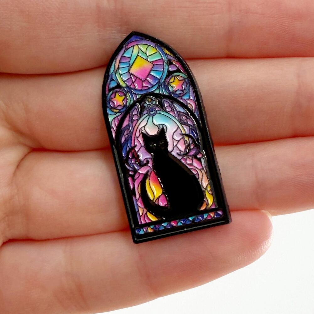 Stained Glass Black Cat Soft Enamel Pin